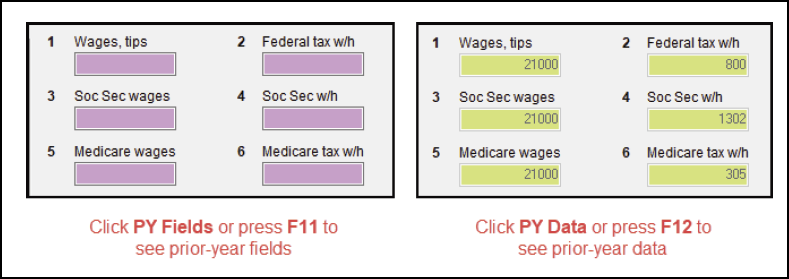 Screen capture of the LookBack feature highlighting data entry fields in Drake Tax: on the left, the prior-year fields are empty and highlighted purple. On the right, they contain prior-year values and are highlighted yellow.